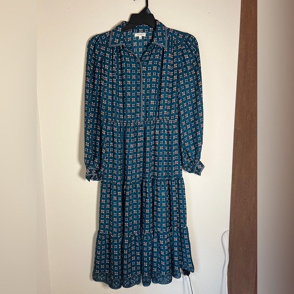 Max Studio Teal Printed Long-Sleeve Tiered Maxi Dress